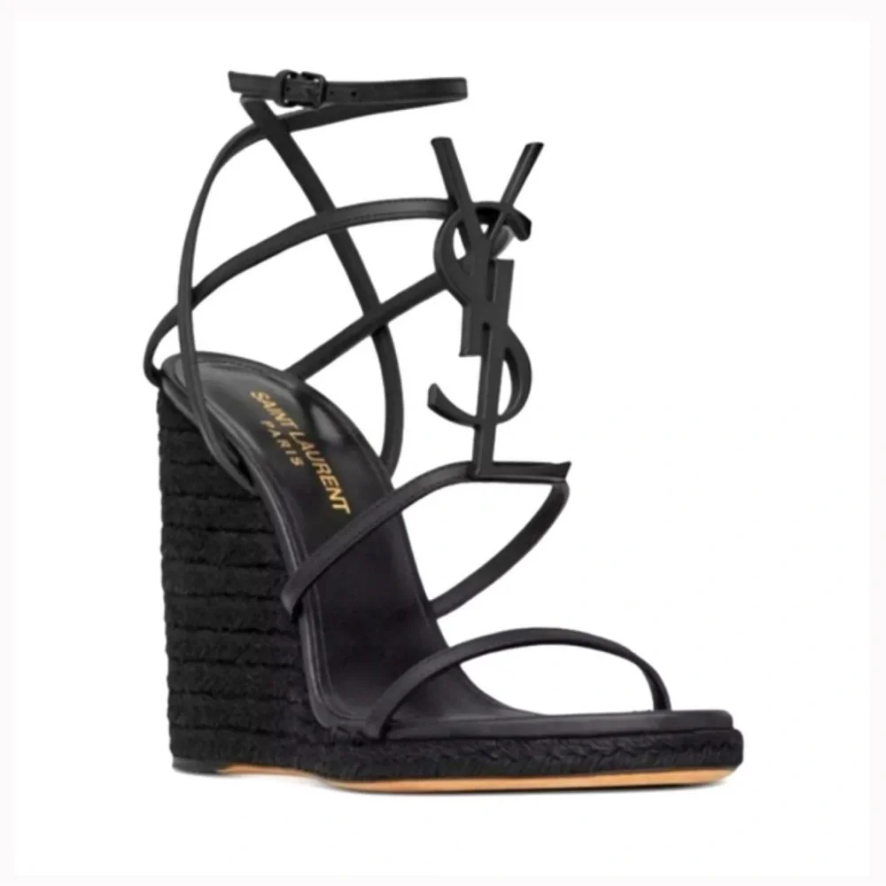Saint Laurent Black Strappy Wedge Sandals YSL logo - Picture 2 of 10